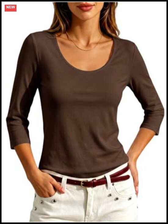 Tops - Women's 3/4 Sleeve Scoop Neck Cotton Slim Fit Basic T-Shirt